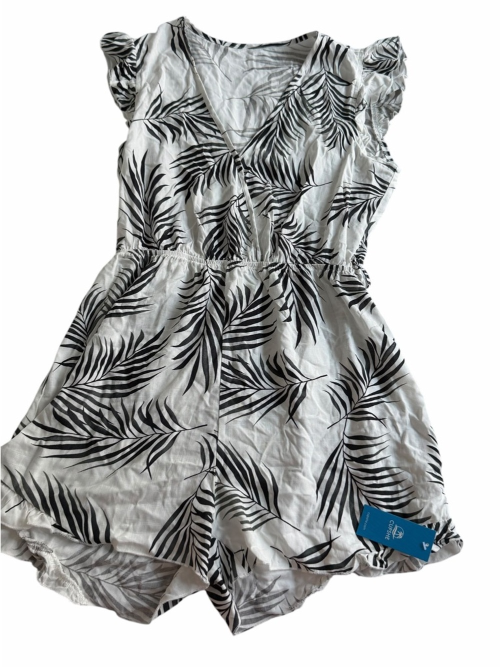 Cupshe White Romper with Black Tropical Leaf Print(007)
